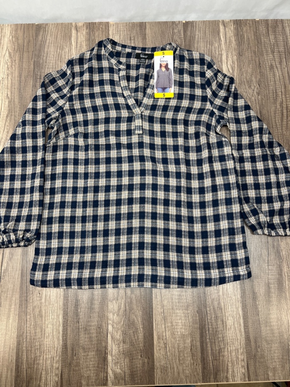 Felina Navy and Cream Plaid V-Neck Blouse